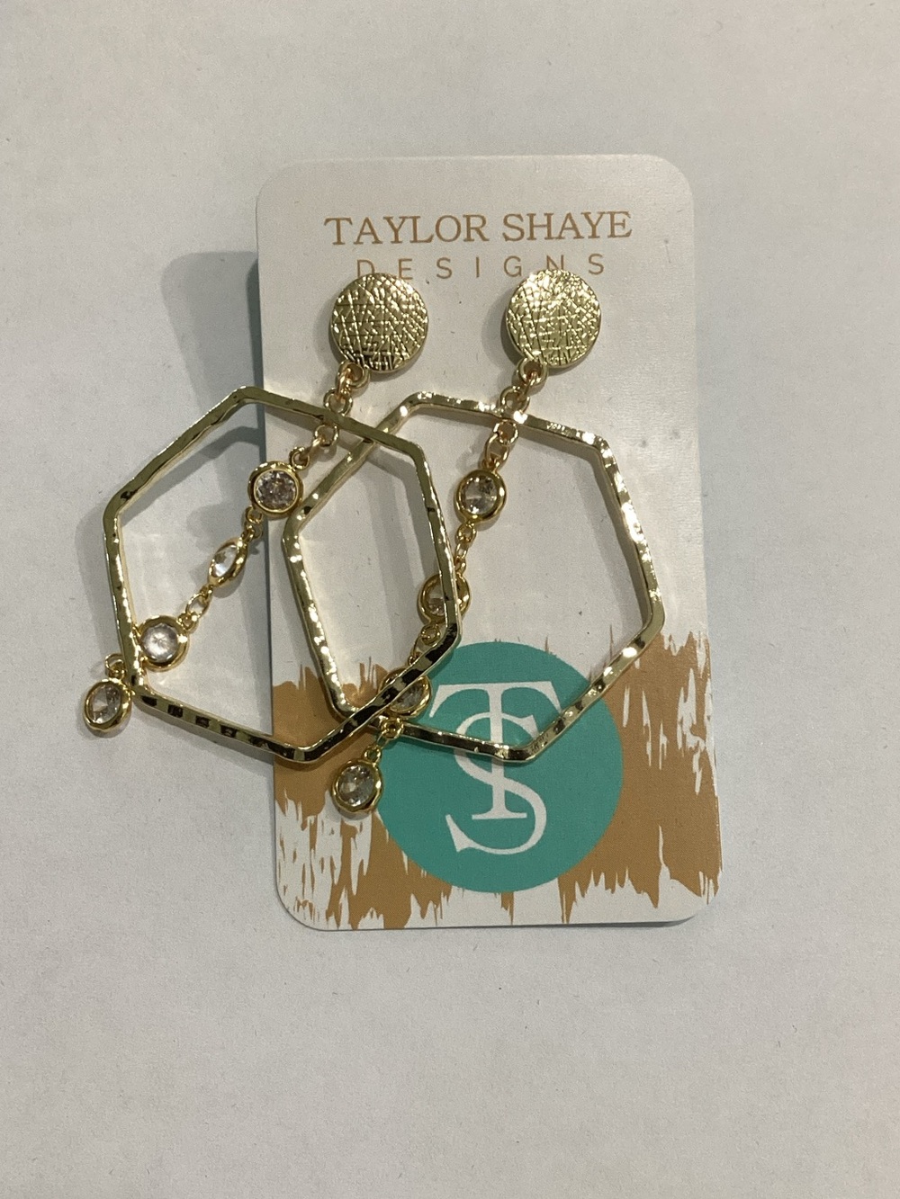 Taylor Shaye Gold Geometric Hexagon Drop Earrings with Crystal Accents